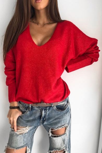 Fancy Women's Sweater Solid Color V Neck Long Sleeves Regular Fitted Pullover Sweater