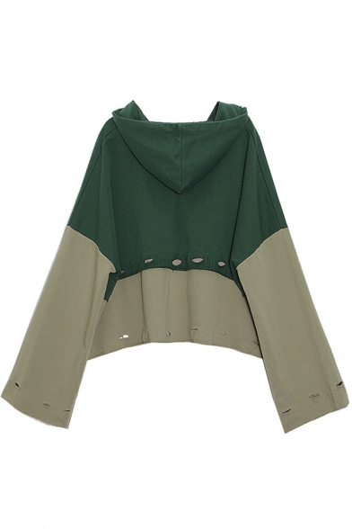 Fashion Girls Hoodie Contrasted Panel Long Sleeve Drawstring Loose Fit Hoodie in Green