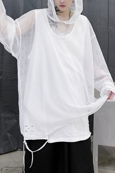 Fashion Mens T-Shirt Plain Mesh Cut out Hood Dropped Shoulders Decorated Long Sleeve Relaxed Fitted T-Shirt