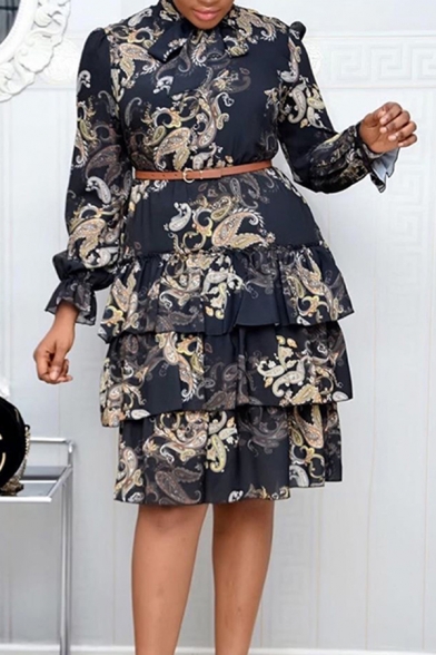 Fashion Womens Dress Floral Printed Long Sleeve Bow Tied Neck Belted Ruffled Tiered Mid Pleated Dress