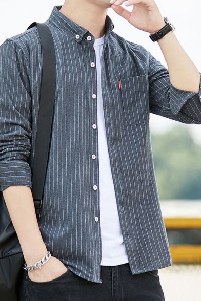Fashionable Men's Shirt All over Stripe Print Chest Pocket Long Sleeve Regular Fitted Shirt