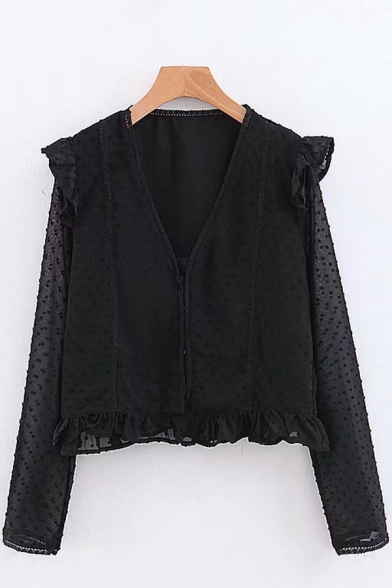 Girls Stylish Black Shirt See-through Mesh Polka Dot Long Sleeve Deep V-neck Ruffled Relaxed Fit Shirt