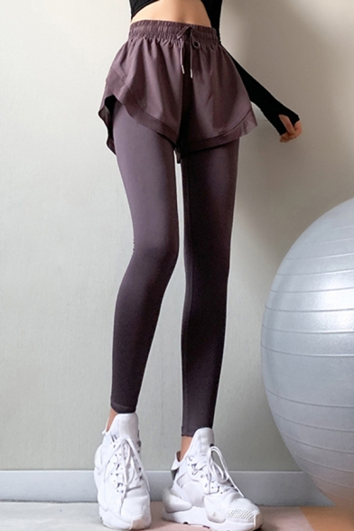 Gym Womens Pants Plain Side Split False Two Pieces Quick Dry Drawstring Waist Skinny Fit 7/8 Length Yoga Leggings
