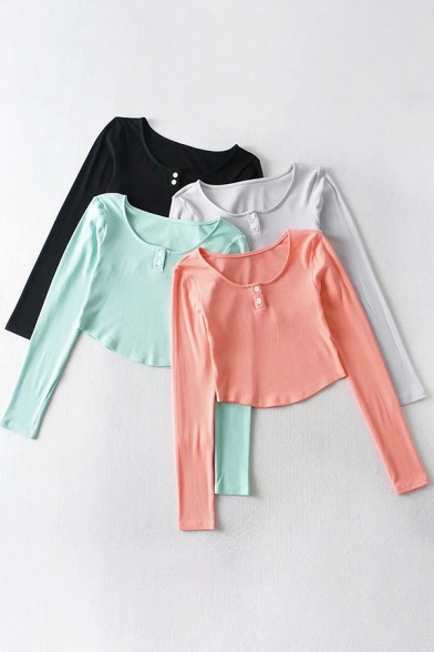 Leisure Women's Tee Top Solid Color Button Detail Scoop Neck Long Sleeve Cropped T-Shirt