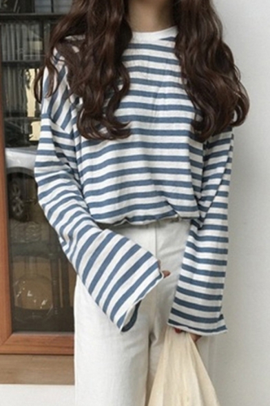 Leisure Women's Tee Top Stripe Pattern Crew Neck Long Sleeve Regular Fitted T-Shirt