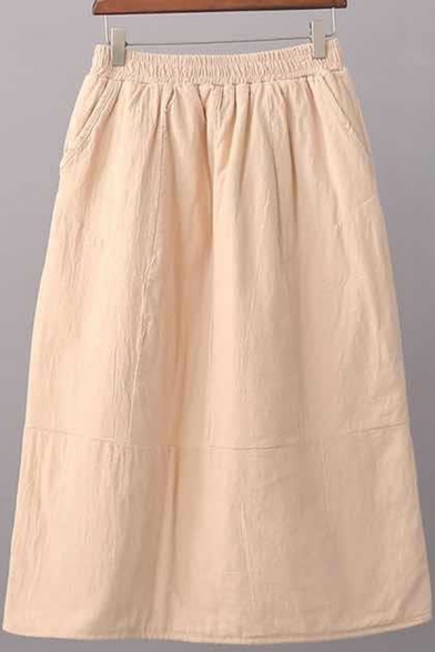 Leisure Womens Skirt Linen and Cotton Mid Rise Solid Color Mid Shift Skirt