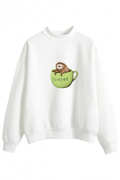 Lovely Girls Letter Sloffee Cartoon Sloth Graphic Long Sleeve Mock Neck Loose Fit Pullover Sweatshirt
