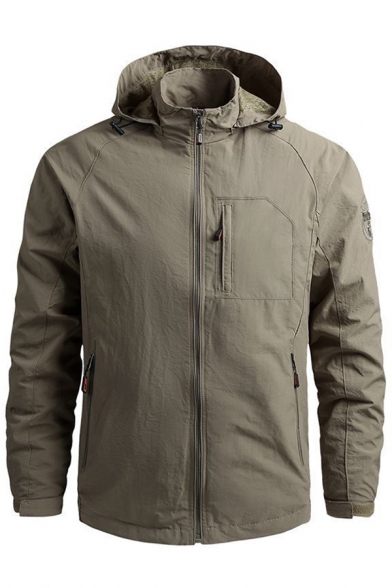 Mens Jacket Stylish Plain Color Quick Dry Zipper up Long Sleeve Slim Fit Hooded Windbreaker Jacket