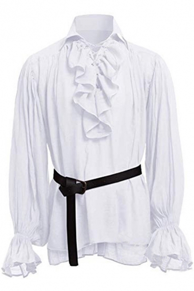 Mens Retro Shirt Solid Color Ruffle Trim Belted Lace up Pleated Cuffed Split Neck Turn down Collar Long Sleeve Fitted Shirt