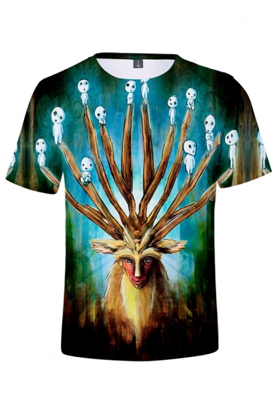 New Trendy Funny Ghost Deer Printed Short Sleeve Green T-Shirt