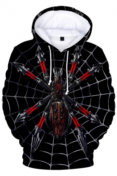 Popular Fashion Spider Web 3D Printed Black Drawstring Hooded Long Sleeve Trendy Loose Hoodie