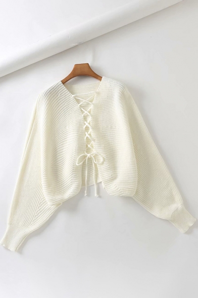 Popular Womens Cardigan Knitted Solid Color Long Sleeve Lace Up Front Relaxed Cardigan
