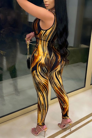 Popular Womens Jumpsuit Stripe Print Deep V-neck Criss Cross Ankle Length Skinny Jumpsuit in Yellow