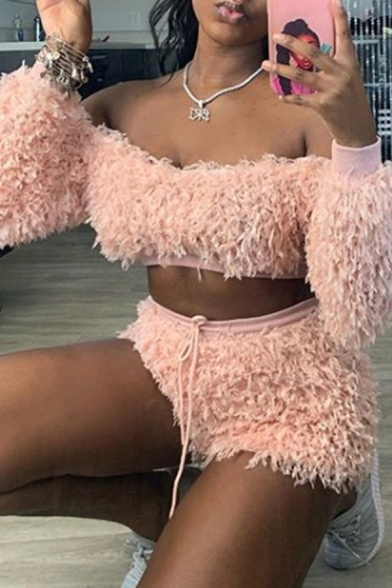 Popular Womens Set Fluffy Plain Long Sleeve Crop Top & Fitted Shorts Set in Pink