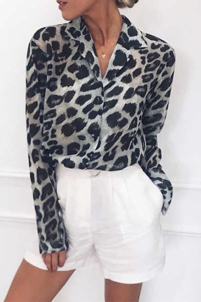 Popular Womens Shirt Leopard Printed Long Sleeve Notched Collar Button Up Relaxed Fit Shirt Top