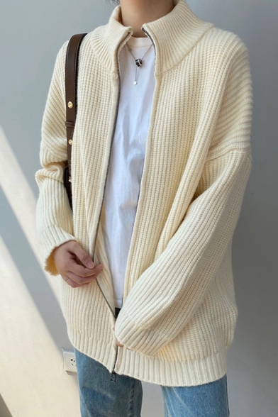 Simple Womens Cardigan Knitted Solid Color Long Sleeve Stand Collar Zipper Front Relaxed Fit Cardigan