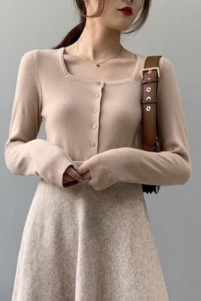Simple Womens Cardigan Plain Knitted Long Sleeve Round Neck Button Up Slim Fit Cardigan