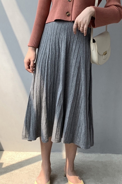 Stylish Womens Skirt Solid Color Knitted Elastic Waist Mid Pleated A-line Skirt