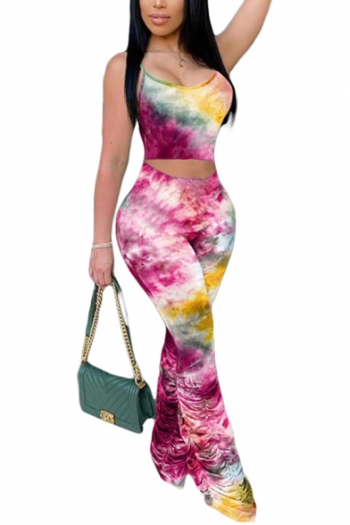 Summer Womens Set Tie Dye Printed Round Neck Fit Crop Cami & Ruched Pants Set