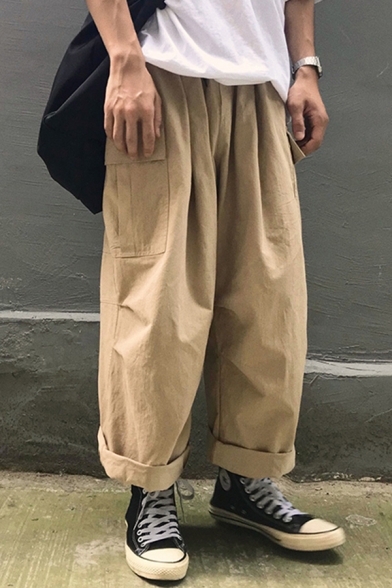 Trendy Mens Pants Solid Color Flap Pockets Long Length Straight Pants