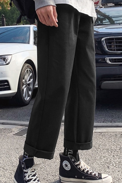 Trendy Mens Pants Solid Color Full Length Relaxed Fit Straight Lounge Pants with Pockets