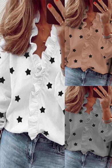 Trendy Women's Shirt Blouse All over Star Print Ruffle Hem V Neck Long Sleeve Regular Fitted Shirt Blouse