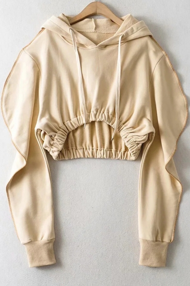 Unique Women's Hoodie Contrast Stitching Banded Hem Long Sleeve Drawstring Hooded Sweatshirt