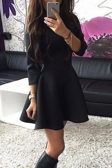 Women's Basic Simple Plain Round Neck Long Sleeve Mini A-Line Dress