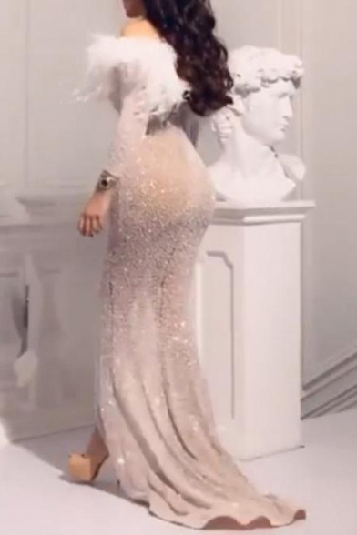 Womens Boutique Dress Fluffy Trim Sequined Long Sleeve Off the Shoulder High Slit Maxi Flowy Dress in Silver