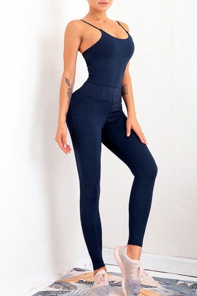 Womens Yoga Co-ords Athletic Solid Color Spaghetti Strap Sleeveless Cami Bra Butt Lifting Skinny Fit High Waist Leggings Set