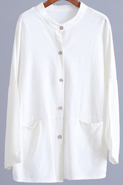 Basic Womens Shirt Linen Plain Long Sleeve Button Up Relaxed Fit Shirt