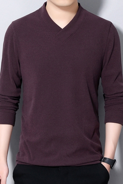 Classic Mens Tee Shirt Solid Color Brushed V Neck Long Sleeve Slim Fit Bottoming T-Shirt