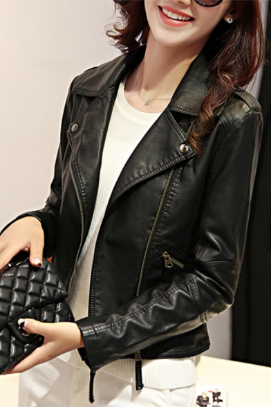 Cool Womens Jacket Long Sleeve Notched Collar Zip Up Slim Fit Leather Jacket in Black