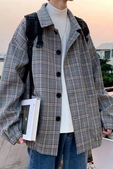 Cozy Men's Jacket Plaid Pattern Button Fly Spread Collar Pocket Long Sleeve Relaxed Fit Jacket