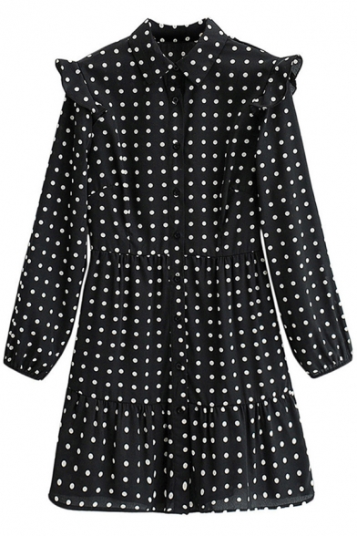 Cute Girls Dress Polka Dot Print Long Sleeve Turn Down Collar Ruffled Short A-line Shirt Dress in Black
