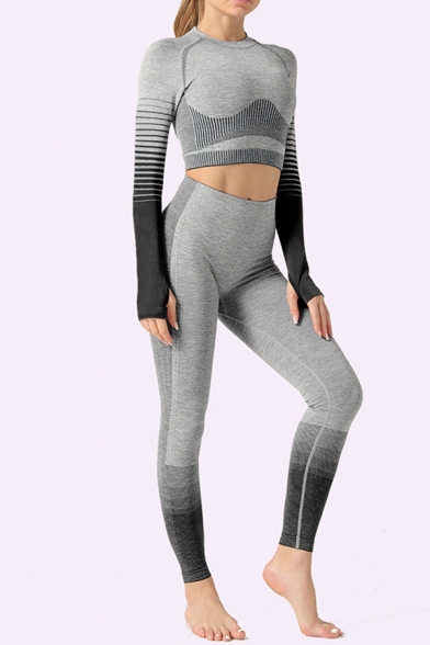 Edgy Women's Workout Set Contrast Panel Round Neck Long Sleeve Finger Hole Tee Top with High Rise Ankle Length Leggings Training Co-ords