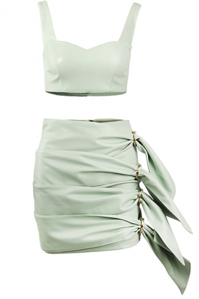 Elegant Ladies Set Plain Sweetheart Neck Fit Crop Tank & Straps Decoration Mini Tight Skirt Set