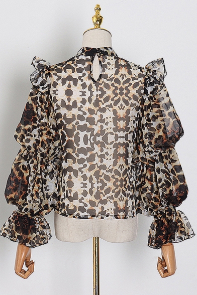 Fancy Girls Shirt Leopard Printed Lantern Sleeve Bow-tied Neck Sheer Mesh Relaxed Fit Shirt Top