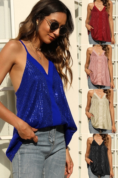 Fancy Womens Cami Sequins Decoration Plain Spaghetti Straps Relaxed Fit Cami Top
