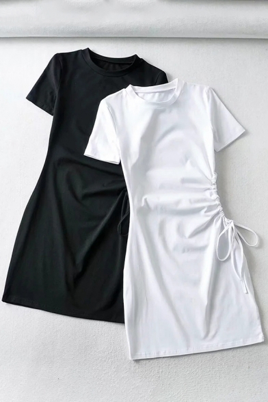 Fancy Womens Dress Solid Color Short Sleeve Crew Neck Drawstring Side Short A-line T Shirt Dress