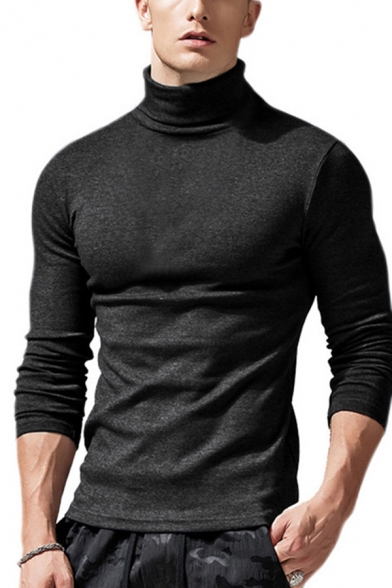 Guys Basic T Shirt Solid Color Long Sleeve Turtleneck Slim Fitted T Shirt