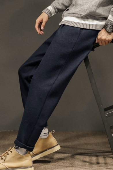 Guys Daily Pants Solid Color Mid Waist Ankle Length Straight Wool Pants