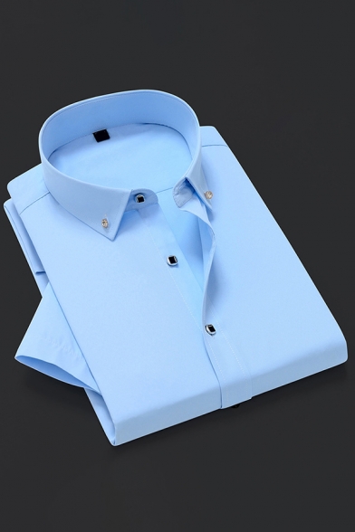 Mens Formal Shirt Solid Color Long Sleeve Button Down Collar Regular Fit Shirt Top