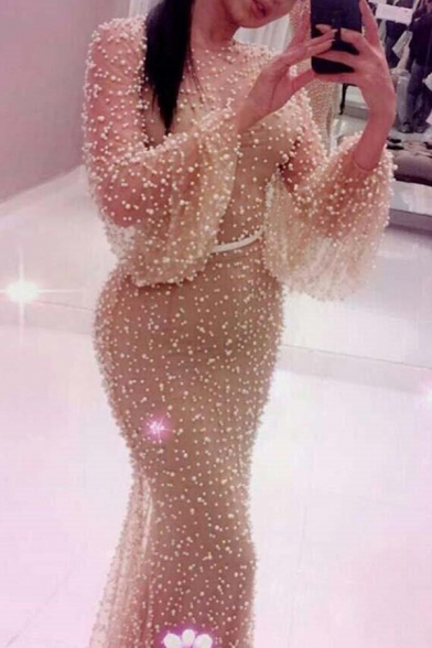 Middle East Womens Dress Beading Decoration See-through Mesh Long Sleeve Crew Neck Maxi Sheath Dress in Apricot