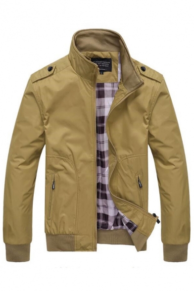 Popular Mens Jacket Solid Color Long Sleeve Stand Collar Zipper Front Regular Fit Jacket