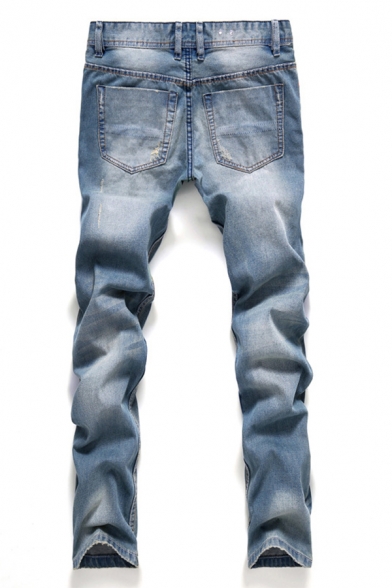 Retro Men's Jeans Light Distressed Design Button Fly Long Regular Fitted Jeans with Washing Effect
