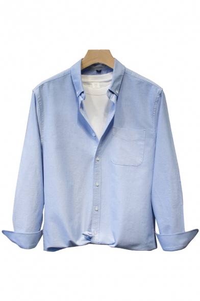 Simple Mens Shirt Solid Color Long Sleeve Spread Collar Button Up Relaxed Fit Shirt Top