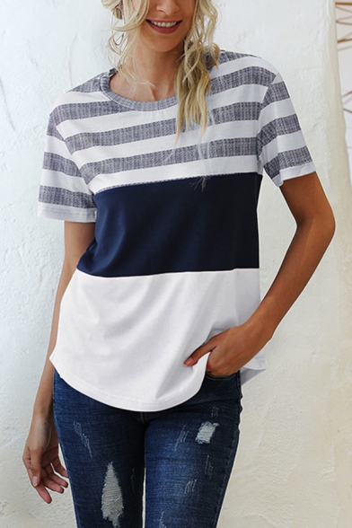 Simple Womens T Shirt Stripe Printed Contrasted Short Sleeve Crew Neck Loose Fit Tee Top