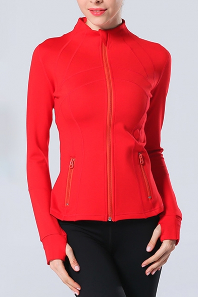 Trendy Women's Jacket Solid Color Zip Fly Long Finger Hole Long Sleeve Slim Fitted Jacket