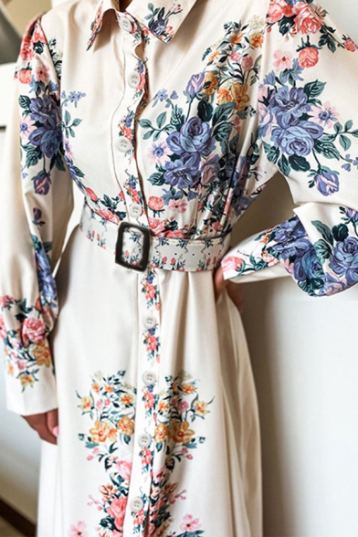 Trendy Women's Shirt Dress Floral Pattern Button Closure Turn-down Collar Long Bishop Sleeves Long Shirt Dress with Buckle
